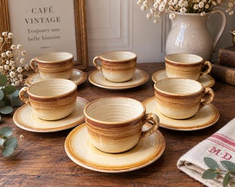 6 Tasses et Soucoupes Vintage Longchamp France – Service à Café en Faïence – Vaisselle Rétro