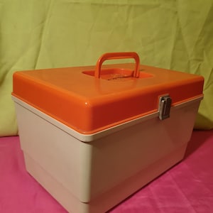 Vintage orange and beige plastic sewing box suitcase Made in Holland