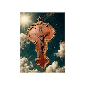 May include: An ornate wooden crucifix featuring a dark bronze figure of Jesus. The cross is set against a backdrop of a cloudy sky with a bright sun. The frame is a reddish-brown colour with gold accents.