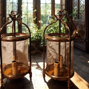 Könnte beinhalten: Zwei antike Messinglaternen mit transparenten Glaszylindern und dekorativen Aufsätzen. Jede Laterne hat einen Kerzenhalter im Inneren und einen Griff zum Tragen. Die Laternen stehen auf einem Holzboden, mit einem Fenster im Hintergrund.