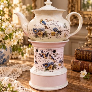 Peut inclure: Une théière en céramique avec couvercle repose sur un chauffe-théière cylindrique en céramique. Les deux pièces présentent un motif assorti d'oiseaux bleus et jaunes sur des branches brunes avec des fleurs bleues et jaunes sur fond crème et rose.