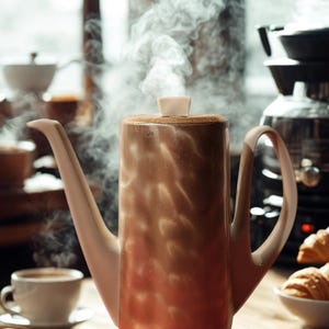 May include: A tall, ceramic coffee pot with a light brown and peach gradient, emitting steam. The pot has a long spout and a curved handle. A small white lid sits on top. The pot is on a wooden table, with a cup of coffee and pastries in the background.