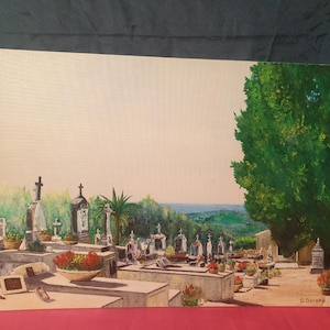 Tableau huile sur carton peint main Provence Cote d Azur Le cimetière de Saint Paul de Vence signé