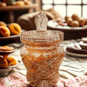 Könnte beinhalten: Ein klares Glas mit dekorativem Deckel, gefüllt mit einer hellorangen Substanz. Das Glas steht auf einem Tisch mit einem rot-weiß gemusterten Tuch. Weitere Lebensmittel sind im Hintergrund zu sehen.