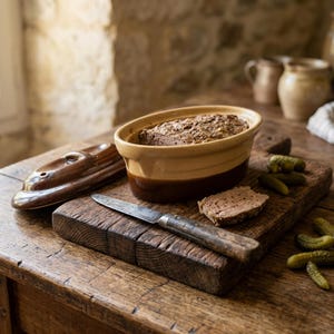 Terrina antiga de grés vidrado em dois tons com tampa – Utensílio de cozinha francês vintage