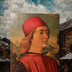 May include: An antique portrait painting of a young person wearing a red cap and robe. The background features a landscape with buildings and mountains under a blue sky with white clouds. The painting is mounted on a wooden panel.