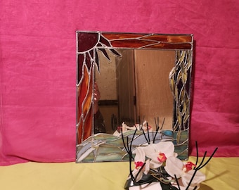 Framed mirror with stained glass sun and nature