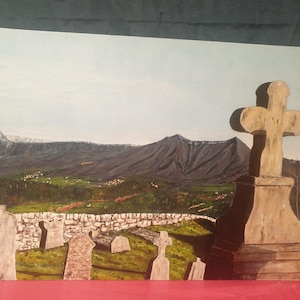 Tableau huile sur carton peint main Le cimetière abandonné Vieil Aiglun signé