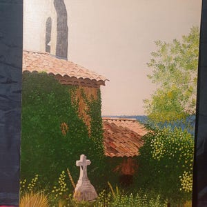 Pintura al óleo sobre cartón pintado a mano Provenza El cementerio de Moustiers Sainte Marie firmado