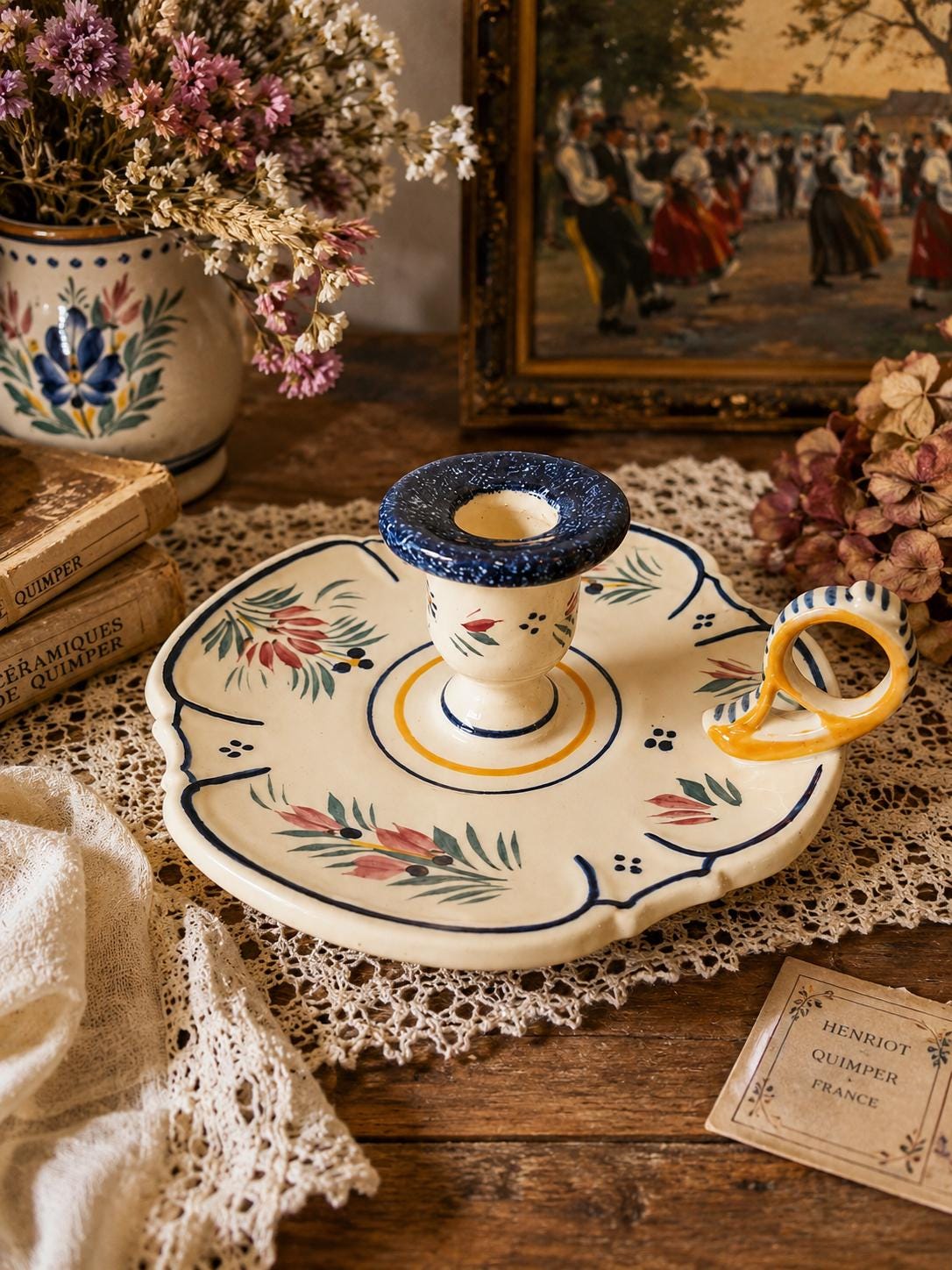 Vintage Henriot Quimper Candlestick, Hand-painted French