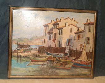 Marine painting fishing boats oil on panel hand painted original signed Wooden frame