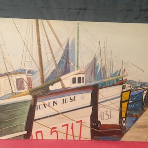 Tableau huile sur carton peint main Provence bateaux au port Joven José signé