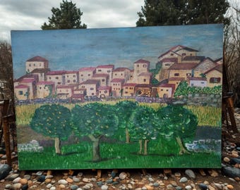 Tableau huile sur toile peint main signé style naif village de Provence Montagnac