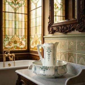 May include: A vintage white pitcher and basin set with a blue floral design sits on a marble-topped table. The bathroom features a stained-glass window, a claw-foot tub, and a decorative mirror, creating a classic, elegant aesthetic.