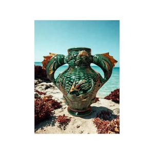 May include: A green ceramic vase with two handles, each adorned with a fish-like design and orange accents. The vase features a textured surface and is set against a beach backdrop with a blue sky and ocean.