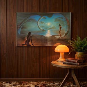 Large vintage 1970s romantic swan painting, retro wall decoration, gold frame, under plexiglass, 89 x 54 cm