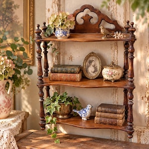 May include: A three-tiered dark wood wall shelf with turned spindle supports and a decorative arched top. The shelves hold a blue and white floral pitcher, a small bird figurine, a framed portrait, a lidded jar, and stacks of vintage books.