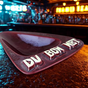 Könnte beinhalten: Ein weinroter Aschenbecher mit dem Text "DU BON NET" in weißen Buchstaben. Der dreieckige Aschenbecher liegt auf einer Holzoberfläche, mit einem verschwommenen Bar-Hintergrund.