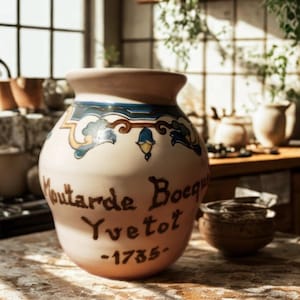 May include: A cream-colored ceramic jar with a wide base and a narrow neck. The jar has a decorative blue and brown floral design around the top and the words "Moutarde Boecq Yvetot -1735-" written in brown script. A small, matching bowl sits nearby.