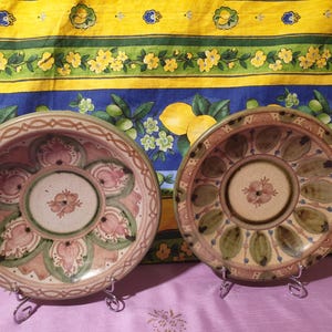 Può includere: Due piatti decorativi in ceramica con intricati disegni floreali in tonalità rosa, verde e marrone. I piatti hanno un bordo rialzato e sono esposti su supporti in metallo.