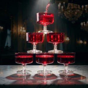Peut inclure: Une pyramide de six verres à coupe rouges remplis d'un liquide rouge, peut-être du champagne ou du vin, avec une bouteille versant plus de liquide dans le verre supérieur. Les verres sont sur une surface en marbre, avec un fond sombre.