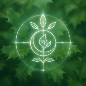 May include: A white botanical design with a crescent moon and leaves, set against a backdrop of green holly leaves. The design is centered within a circle, with a crosshair-like element. The image has a clean, nature-inspired aesthetic.