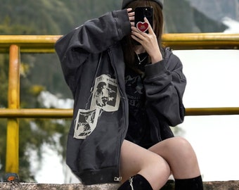 Patchwork Grunge Hoodie, Oversized Goth Hoodie, y2k Grunge Hoodie, Streetwear Hoodie, Unisex Hoodie