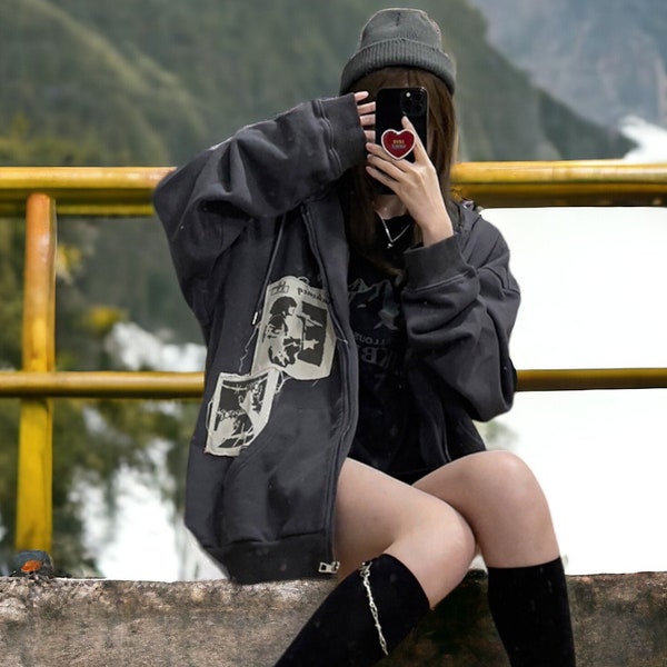 Patchwork Grunge Hoodie, Oversized Goth Hoodie, y2k Grunge Hoodie, Streetwear Hoodie, Unisex Hoodie