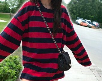 Oversized Striped T-Shirt, Harajuki Streetwear, Y2K Top, Goth Shirt, Goth T-Shirt, Long Sleeve Y2K Top, Goth Clothes