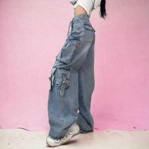 y2k Cargo Denim Jeans, Cargo Denim Jeans with Straps, y2k Cargo Trousers, Grunge Clothing, Streetwear Cargo Trousers, Gothic Clothing zdjęcie 3