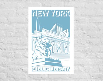 Peut inclure: Une illustration bleue et blanche de la bibliothèque publique de New York avec le texte "NEW YORK PUBLIC LIBRARY" en haut et en bas de l'image.