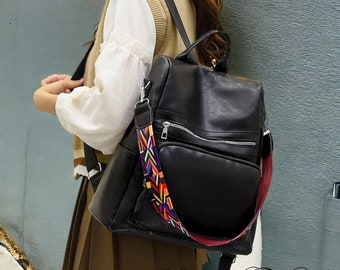 Women Leather Backpack Black / High Quality Patent Leather Backpack / School Bags for Teenagers / Girls / Large Capacity Travel Backpack