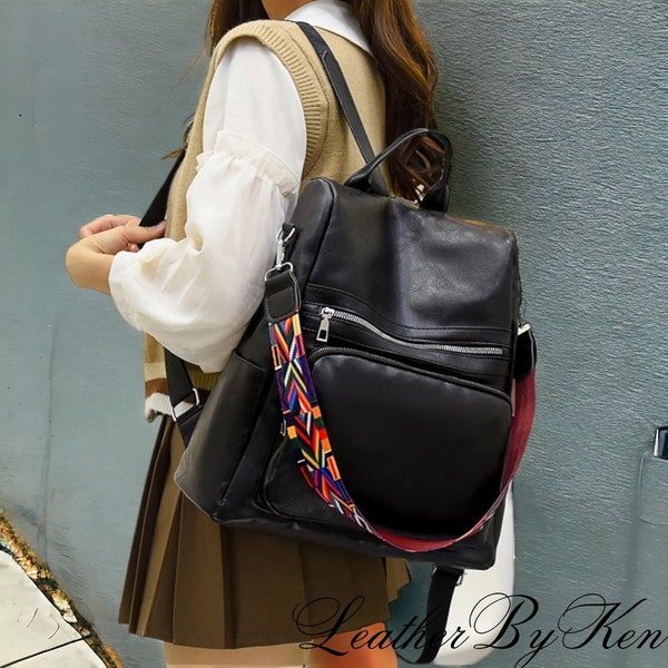 Women Leather Backpack Black / High Quality Patent Leather Backpack / School Bags for Teenagers / Girls / Large Capacity Travel Backpack