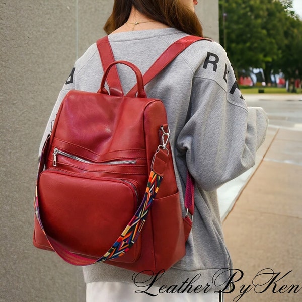 Women Leather Backpack Red / High Quality Patent Leather Backpack / School Bags for Teenagers / Girls / Large Capacity Travel Backpack