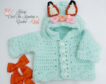 Baby Fox Sweater Crochet Pattern - Infant Hoodie - Over sized Cardigan 3-6 month - Easy 2 Read & 2 Find Yarn - Krissy's Over The Mountain