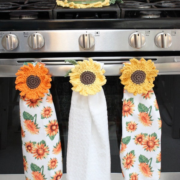 Sunflower Towel Topper Crochet Pattern - Easy Summer and Fall Decor - Securely Holds Towel In Place On Oven or Fridge Handle