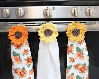 Sunflower Towel Topper Crochet Pattern - Easy Summer and Fall Decor - Securely Holds Towel In Place On Oven or Fridge Handle