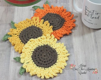 Sunflower Coaster Crochet Pattern - Cotton Absorbent Coaster - Fall Farmhouse Decor - Flower Coaster - Craft Show Item -