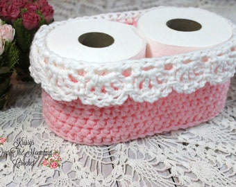 Pink Lace Basket With Drop Over Lace Edge - Toilet Paper Cover Crochet Pattern - Easter or Gift Basket Bathroom Decor - PDF Pattern