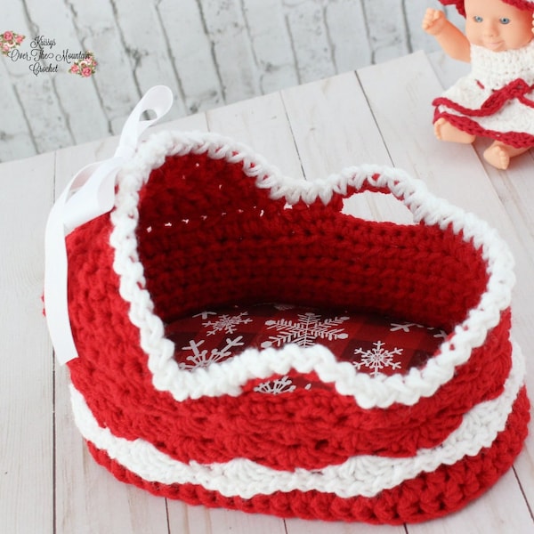 Christmas Moses Basket Crochet Pattern - 7-8" doll - Doll Cradle Bassinet - Shell Stitch Basket - Easy Fast  - Valentine's Gift - Childs Toy
