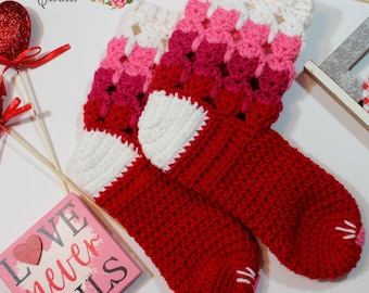Valentine Crochet Pattern Kitty Cat Stitch for Crochet Slipper Socks: Toddler to Adult Sizes (PDF Pattern) Teacher Friend Gift