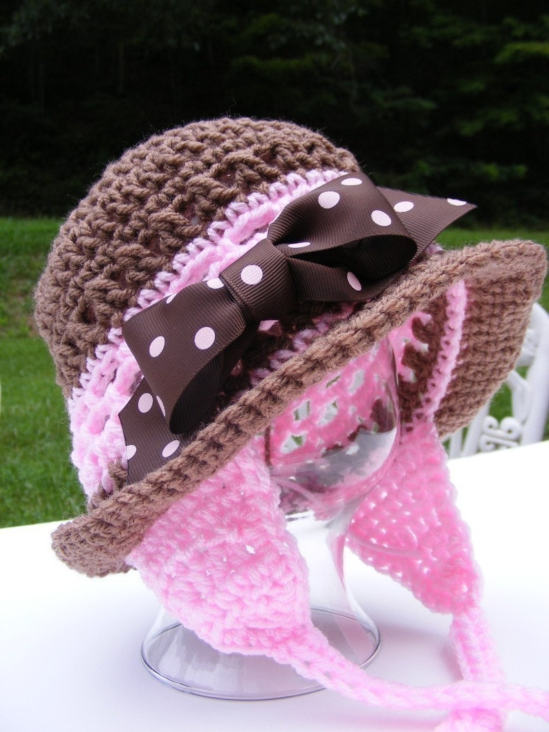12 mo thru Adult Permission to Sell No.24 Pink Brown Earflap Hat with Bow Rolled Brim Crochet Hat Patterns