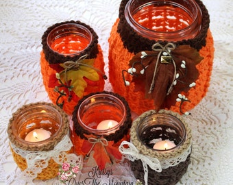 Pumpkin Mason Jar Cover Crochet Patterns Ball Jar Container Candle Holders - 3 Sizes Half Gallon - Pint - Jelly Jar Gift Idea - PDF Pattern