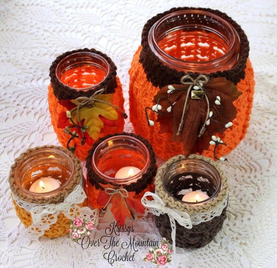Pumpkin Mason Jar Cover Crochet Patterns Ball Jar Container Candle Holders - 3 Sizes Half Gallon - Pint - Jelly Jar Gift Idea - PDF Pattern