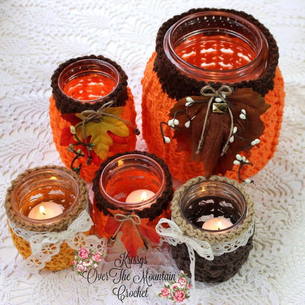 Ball Mason Jar Pumpkin Cover Crochet Patterns - 3 Patterns Included - Round Jelly - Pint - Decorative Half Gallon - Cookie Jar Size -