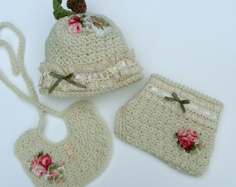 Crochet Apple Hat Pattern - 3 Piece Set - Crochet Diaper Cover & Bib Pattern Baby Pattern - No. 62