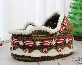 Moses Basket Crochet Pattern - Gingerbread Theme - Fast Easy Make Gift 4 A Child - Christmas Gift - PDF Download
