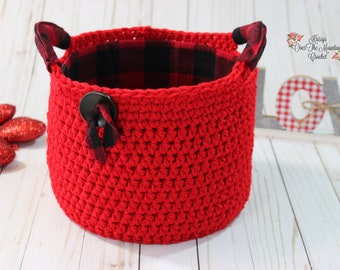 Medium Basket With Handles Crochet Pattern - Tutorial To Add Flannel Covered Cardboard Liner - Birthday Bridal Housewarming Gift