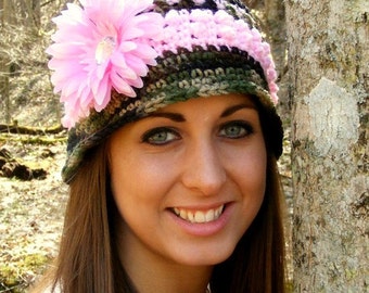 Crochet Hat Pattern - Camo and Pink Bucket Hat - 12mo - Adult Large  Mini Popcorn Band How 2 Add Flower Photo Tutorial