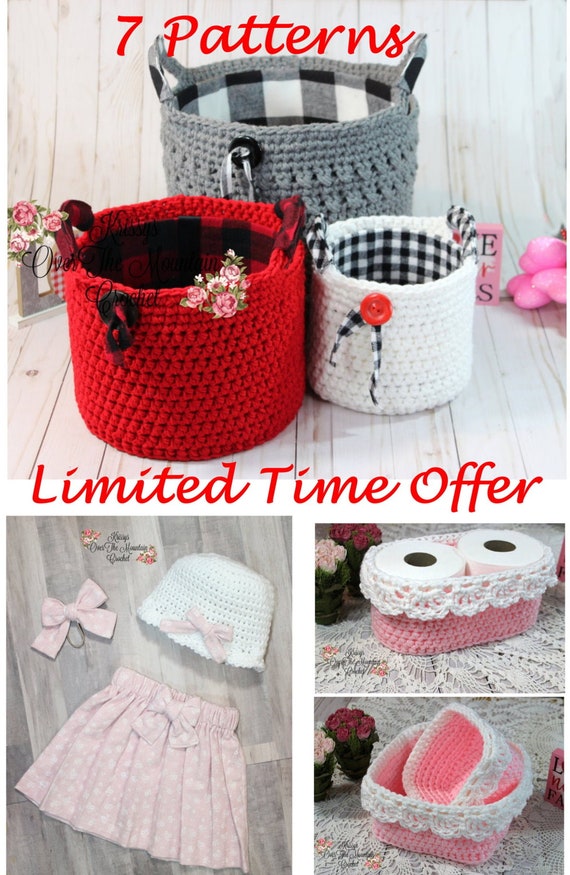 7 Crochet Patterns Bundle Round Baskets W/handles Square - Etsy